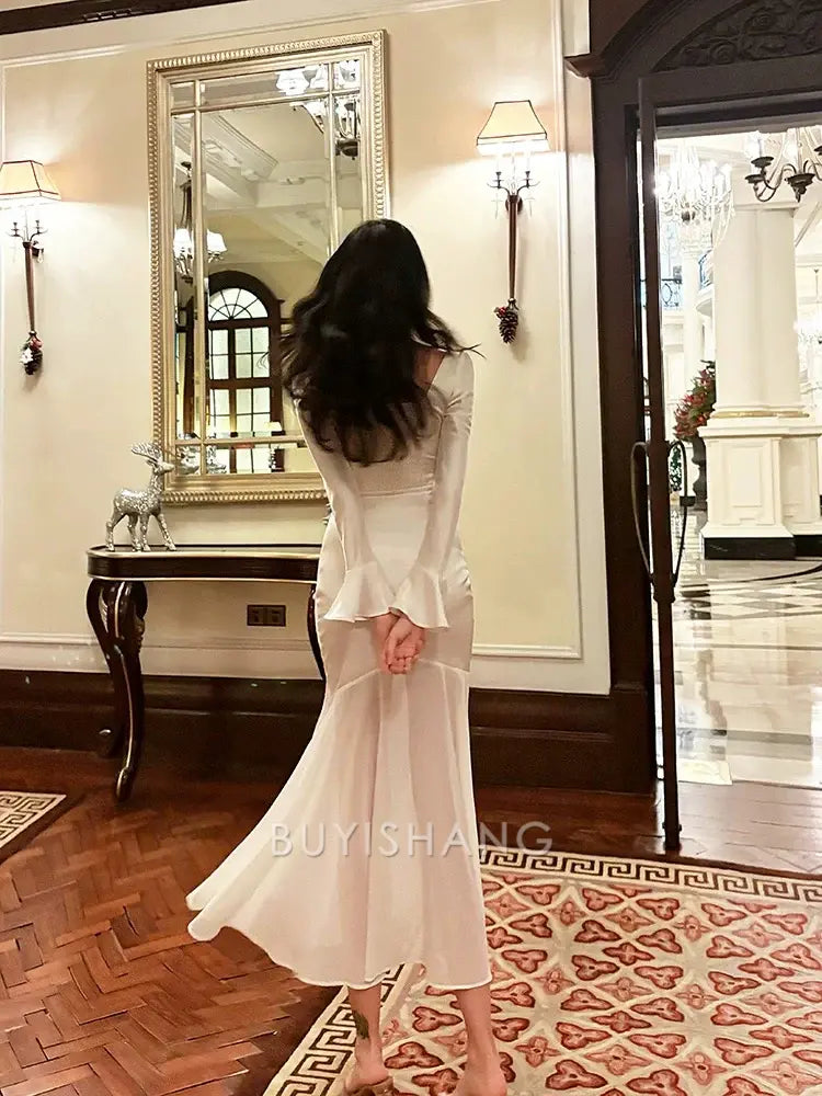 Buyishang Pretty Mermaid Squere Neckline Satin Ankle Length Evening Dress Prom Dresses